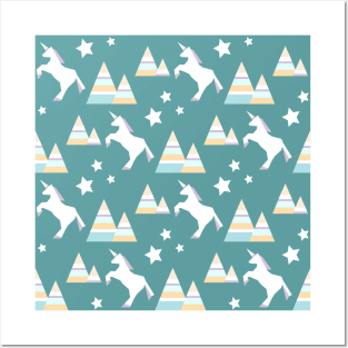 Unicorns, hills and stars pattern Posters and Art